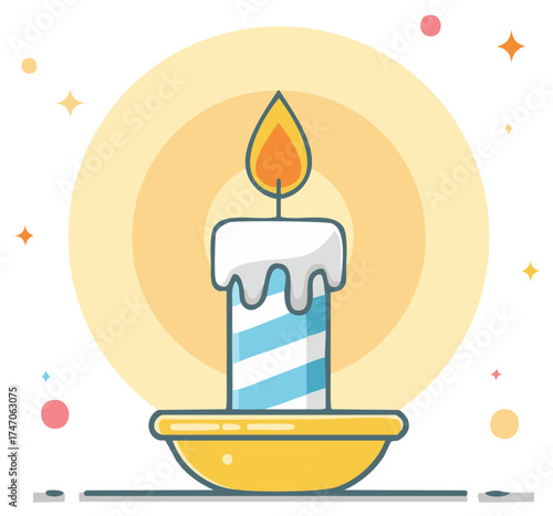 Cartoon illustration showing a burning candle with blue and white stripes in a yellow dish