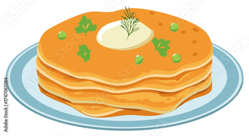 Stacked Pancakes with Cream, Peas, and Parsley on Plate - Flat Vector Illustration