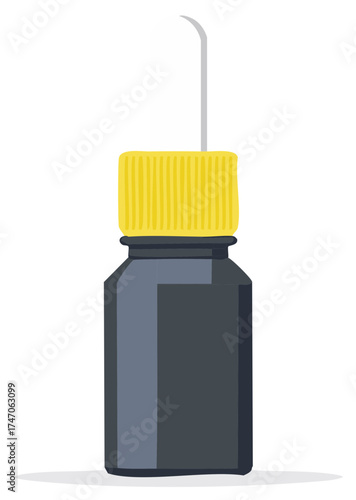 Black bottle with a yellow lid and a dropper illustration