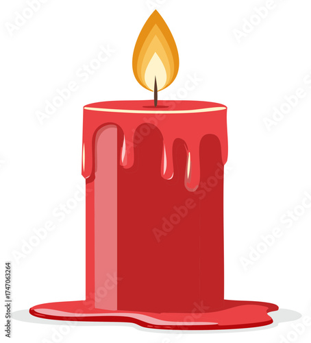 Red candle with melting wax and flame