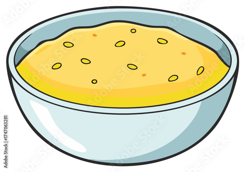 Yellow creamy food in a light blue serving bowl with small specks simple cartoon illustration