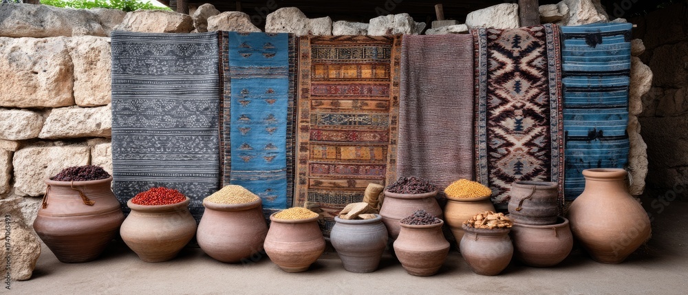 Fototapeta premium Colorful pottery and fresh fruits are arranged on tables in a lively market, highlighting local craftsmanship and culture