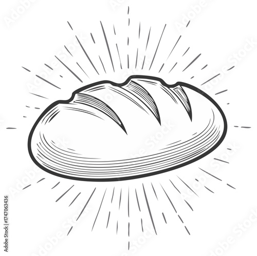 Loaf of Bread Etching Illustration with Rays, Bakery Icon or Label Design, Food Concept, Hand Drawn.