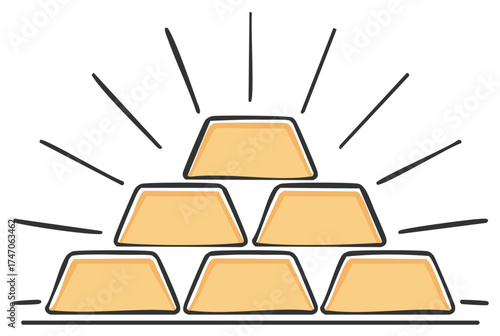 Hand drawn doodle illustration of a shining pyramid of stacked gold bars, symbolizing wealth