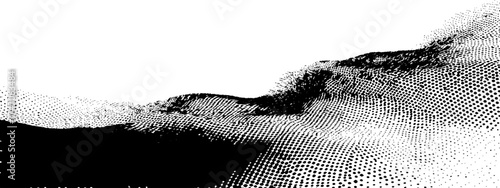 Abstract black and white halftone wave design. Gradated dots forming a flowing, dynamic wave pattern. Soft transitions from light gray to black. Simple, clean, and modern aesthetic