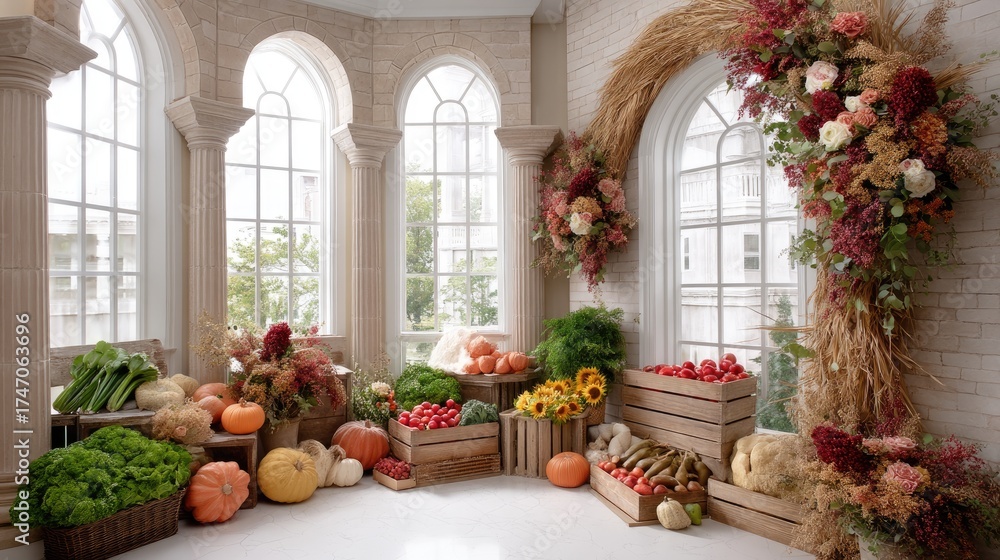 Fototapeta premium Soft winter light filters through the window, illuminating candles, pinecones, and dried fruit on a rustic tray indoors