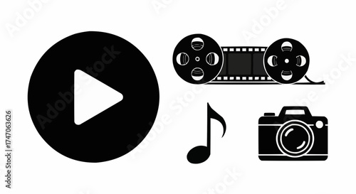 Minimal 4 Icon Vector Set – Media and Entertainment Symbols of Play Button, Film Reel, Music Note and Camera in Black SVG Flat Outline Style on White Background