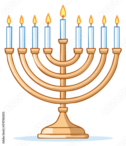 Traditional golden Hanukkah menorah with nine brightly burning blue candles, a symbol of light and celebration.