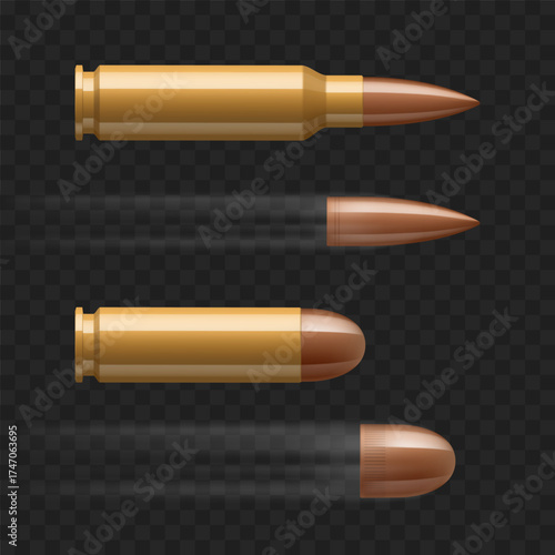 Realistic bullet for guns, pistols and machine guns with a vapor trail. Template is isolated on a transparent background. Vector illustration.