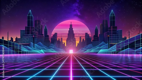 Retrowave/Synthwave Cityscape with Neon Grid and Sunset


