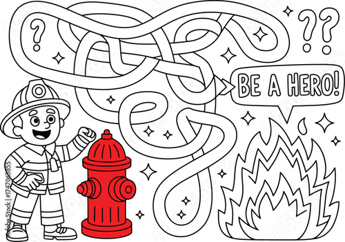 Cute firefighter character solving a maze to reach a fire
