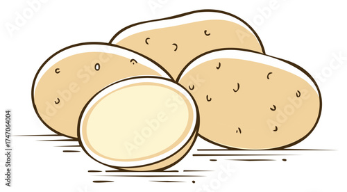 Illustration of a pile of whole and halved potatoes with a simple line art style