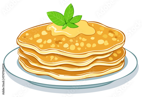 Stack of delicious golden pancakes drizzled with sweet syrup and garnished with fresh mint leaves served on a plate