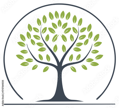 Minimalist green tree icon with lush foliage and sturdy branches framed by a circular arc