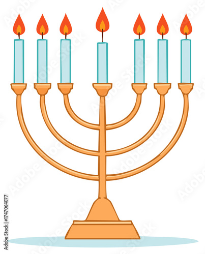 Bronze Menorah with Seven Lit Candles and a Base