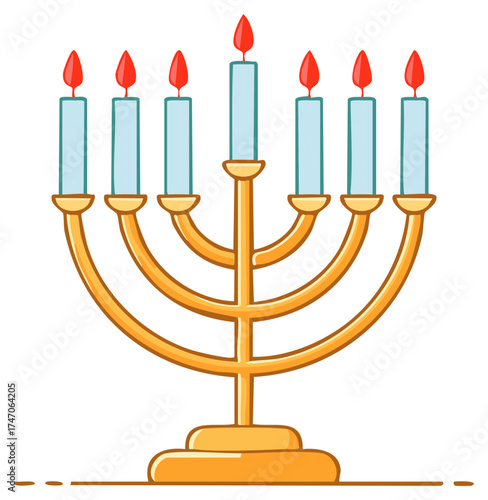 Golden seven branched menorah with burning candles a Jewish religious symbol vector illustration