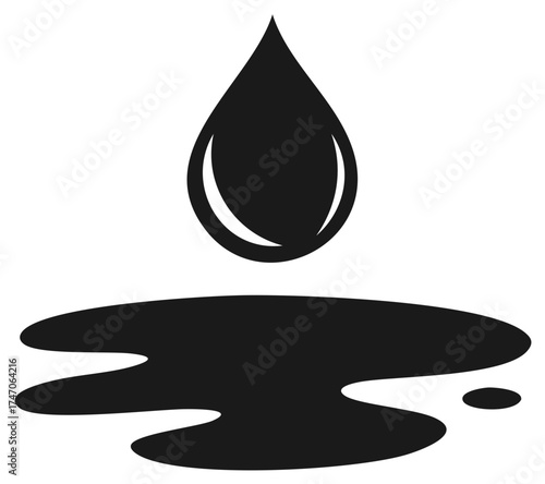 Black water drop dripping to spilled puddle silhouette, vector illustration