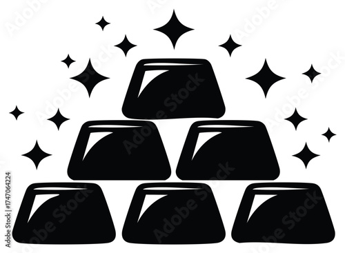 Stack of six shiny gold bars with sparkling stars icon