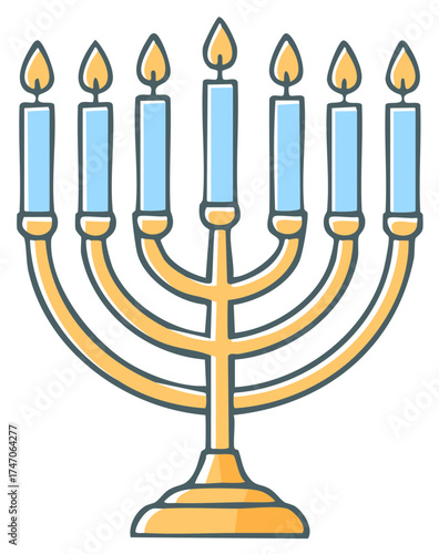 Decorative menorah with blue candles burning with a golden flame, festive graphic for cultural or religious observances