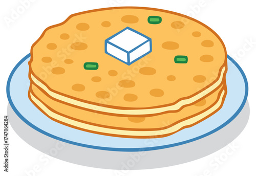 Delicious stacked pancakes topped with melting butter and green herbs on a blue plate