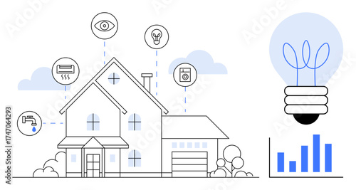 Modern house connected to energy and security devices, sensor icons, eco-friendly bulb, and data chart. Ideal for smart home, IoT, sustainability, energy saving, security automation technology