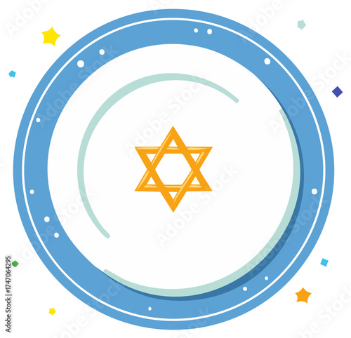 Golden Star of David Jewish religious symbol in a vibrant blue circle frame with festive elements