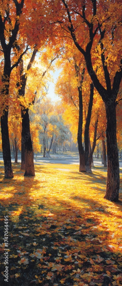 Fototapeta premium A symphony of fall colors in nature's grand display. Copy space. A majestic autumn tapestry: glowing leaves and radiant trees. Strong contrast. Clean layout.