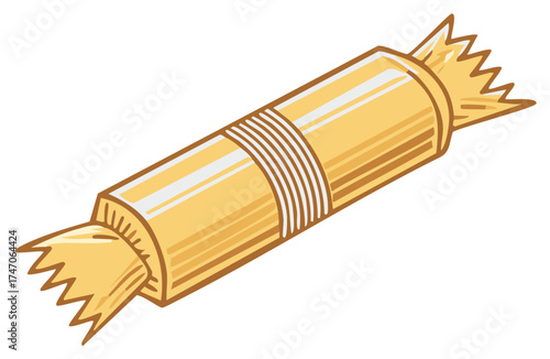 Wrapped candy with jagged edges on the ends, banded in the center, golden color