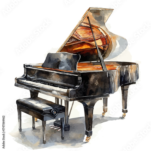 watercolor vector of Piano, isolated on a white background.