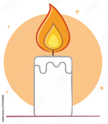 Simple cartoon vector illustration of a single lit candle with a bright orange flame and glowing background