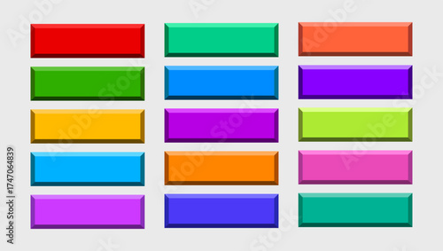 3D Rectangle Buttons Set Vector, Colorful Game UI/UX Menu Interface