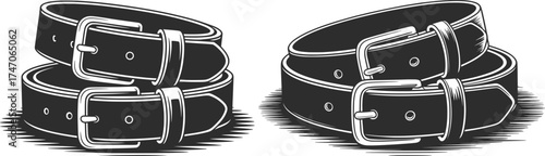 Leather Belt Pair Illustration with Metal Buckles.