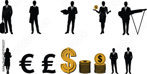 Business silhouettes, finance professionals, currency symbols, global economy, investment success, corporate money, economic growth, financial 