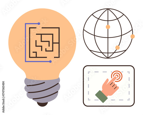Lightbulb with circuit design, global network sphere with points, hand touching screen. Ideal for innovation, technology, creativity, networking, digital transformation, problem-solving education