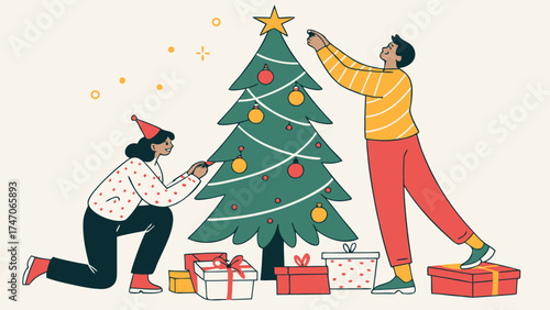 A couple decorating a christmas tree with ornaments and a star topper surrounded by wrapped presents below it