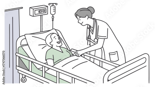 A nurse attending to a smiling patient lying in a hospital bed with an iv drip and medical equipment nearby