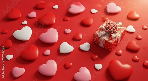 Red background with hearts and a gift box for valentine's day theme