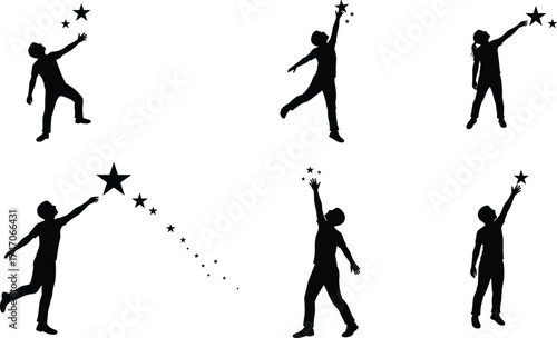 Christmas zombie children silhouette, kids reaching stars, dream aspiration concept, black shadow illustration, hope ambition design, fantasy imagination art vector