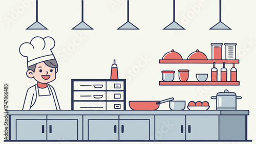 A cartoon chef standing behind a kitchen counter with appliances and food in a bright and clean setting design