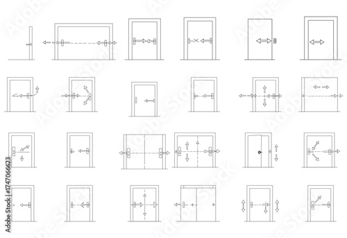 Architectural drawings showcasing various types of doors and their opening mechanisms