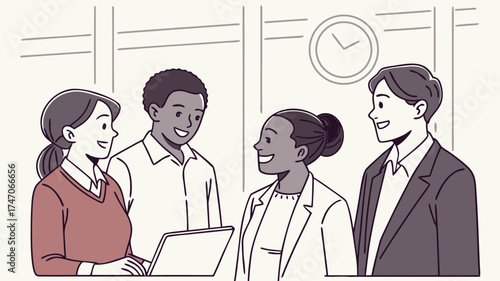 A diverse group of colleagues collaborating around a laptop in a modern office with a clock on the wall