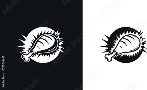 Cooked meat drumstick icon with starburst effect, black and white vector design for food branding, restaurant logo, and culinary themes