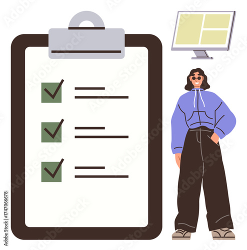 Young individual wearing casual attire beside a large clipboard checklist and a split-screen monitor. Ideal for productivity, planning, task management, organization, self-confidence, office