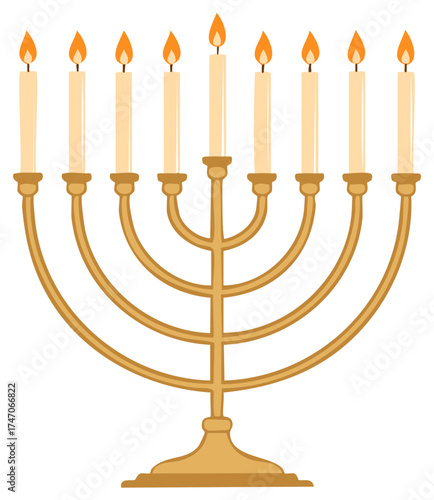 Gold Menorah with Burning Candles for Hanukkah Holiday Celebration