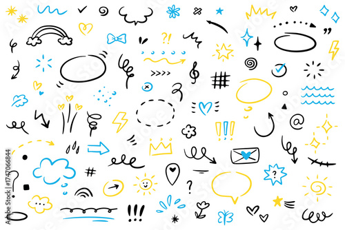 Hand drawn simple doodle elements. Grunge underlines, icons, emphasis, speech bubbles, arrows and shapes collection. Vector illustration isolated on white background