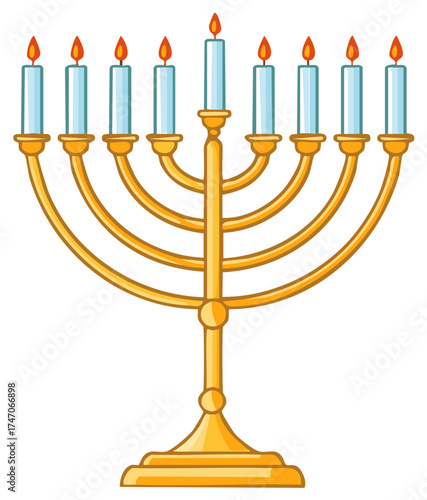 Illustration of a golden menorah with burning candles, a symbol of Hanukkah.