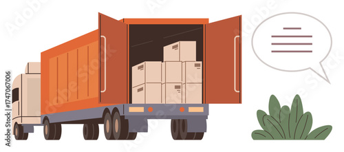 Cargo boxes stacked inside an open delivery truck, speech bubble suggesting communication, and green bush. Ideal for logistics, shipping, delivery, supply chain, transportation, communication