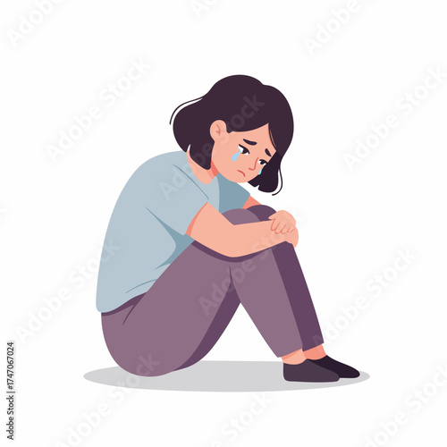 Flat Illustration Depressed Woman Sitting Alone Emotional Pain Mental Health