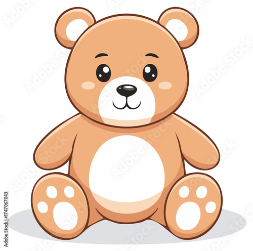 Adorable cartoon brown teddy bear with big eyes sitting peacefully, presented as a friendly toy character.