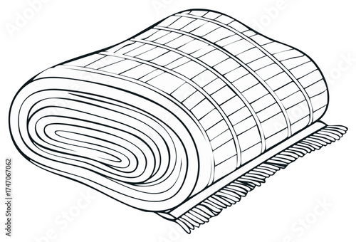 Rolled checkered blanket with fringes, outline drawing on a white background